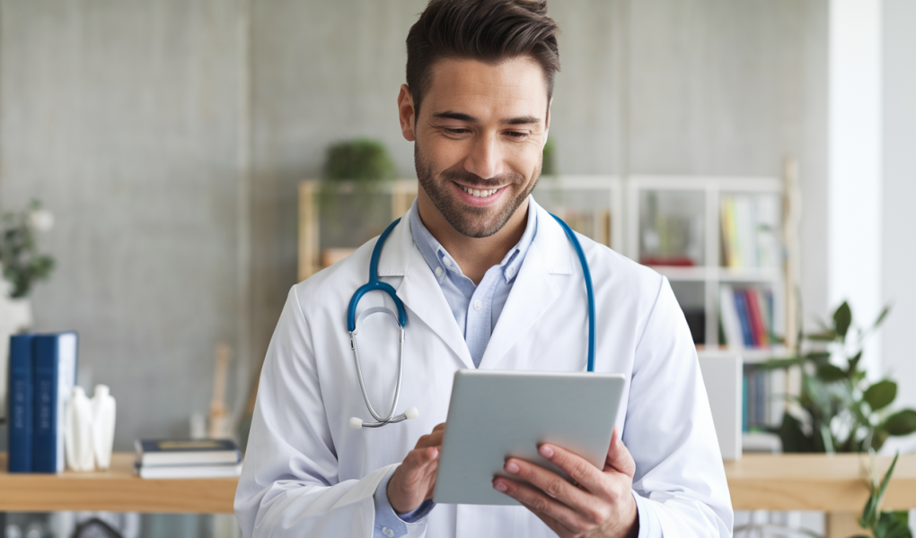 medecin-blouse-blanche-tablette-bureau