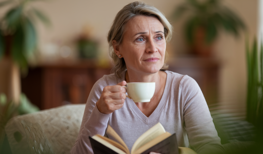 femme-salon-tasse-the-livre-plantes