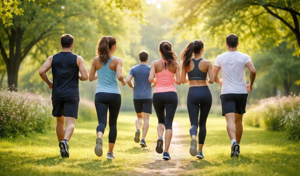groupe-coureurs-parc-ensoleille-arbres