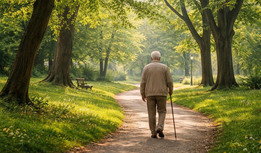 homme-senior-marche-parc-verdoyant
