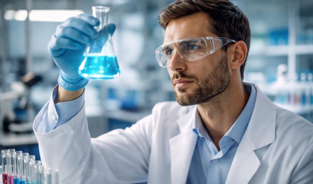 chercheur-blouse-flacon-laboratoire-moderne