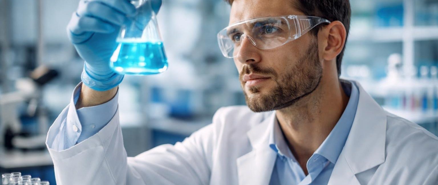 chercheur-blouse-flacon-laboratoire-moderne