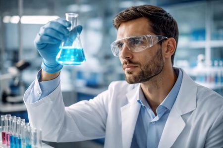 chercheur-blouse-flacon-laboratoire-moderne