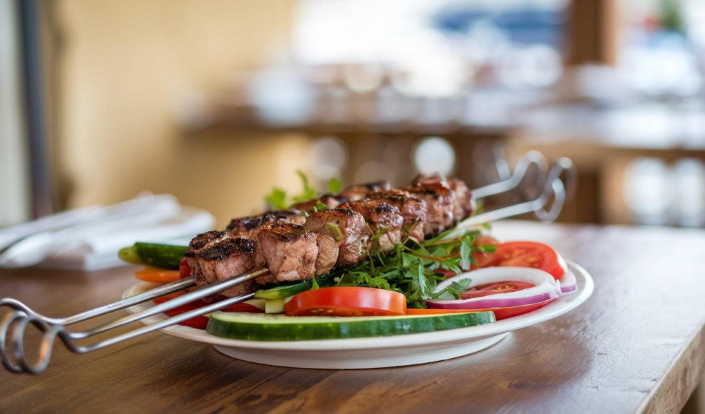 assiette-kebab-legumes-table-bois