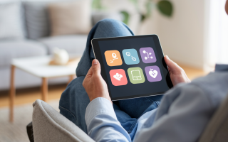 personne-tablette-salon-moderne-applications-sante